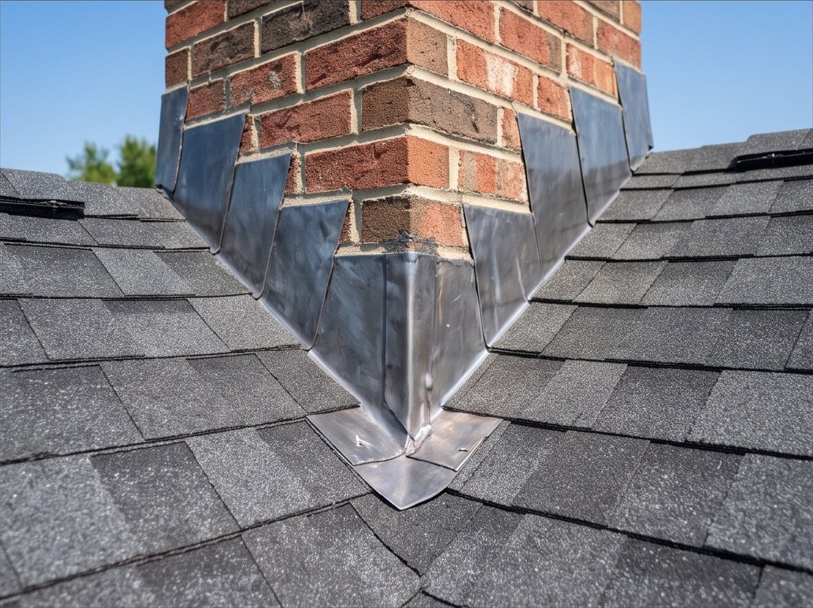 New step flashing and counterflashing installed around the brick chimney.