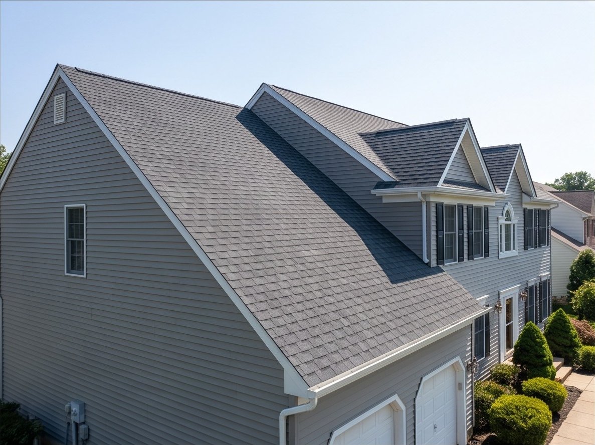 Side view showing the coordinated architectural shingle roof planes.