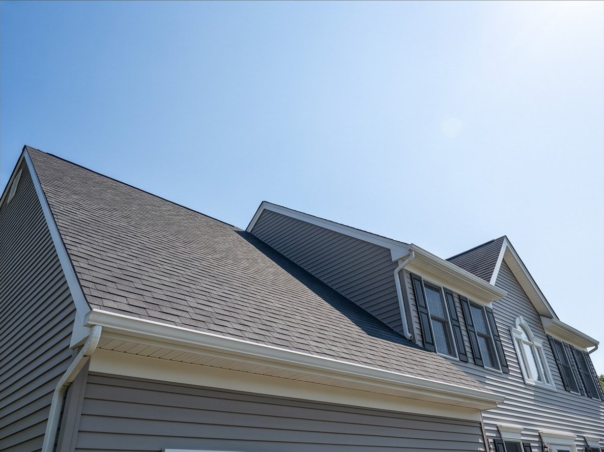 Low-angle view of the finished roof, fascia, and gutter line.