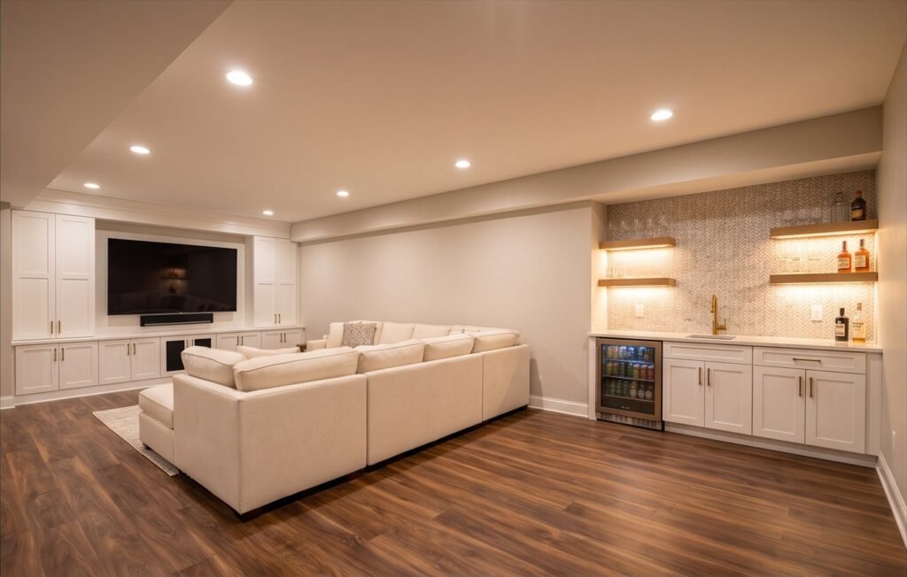 Finished lower-level lounge with media wall, fireplace, built-ins, and wet bar.