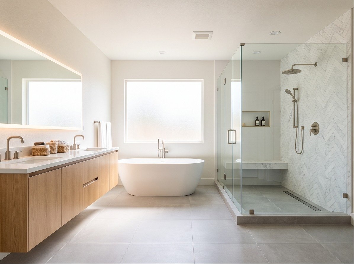 Completed primary bathroom with white oak vanity, freestanding soaking tub, and glass shower.