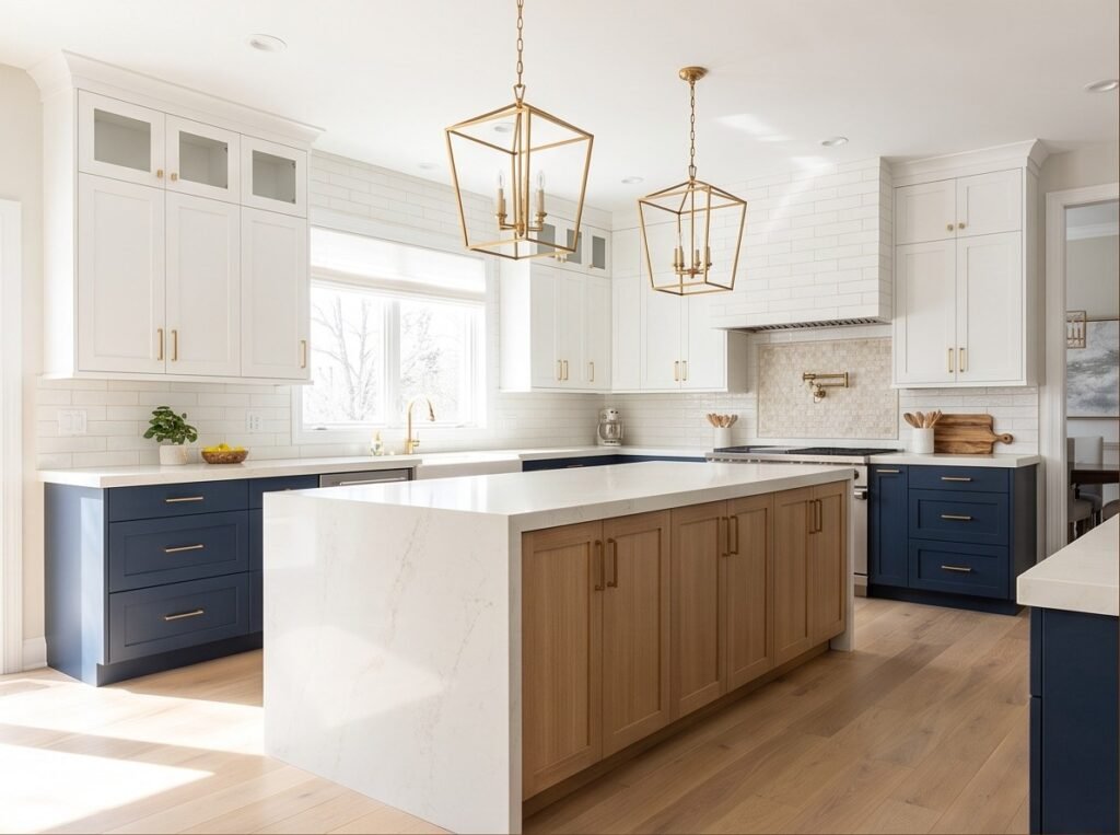 Completed two-tone kitchen with white oak island, navy base cabinets, and white perimeter cabinetry.
