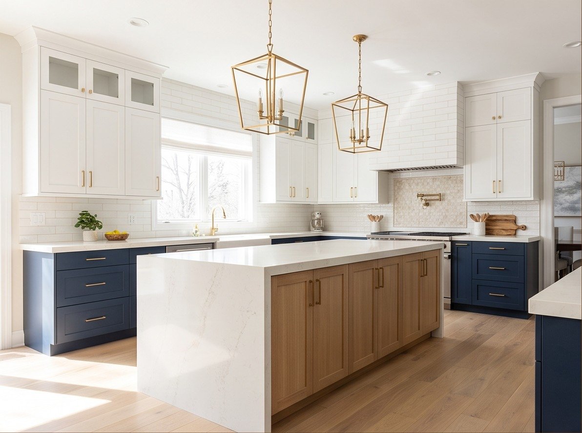 Completed two-tone kitchen with white oak island, navy base cabinets, and white perimeter cabinetry.