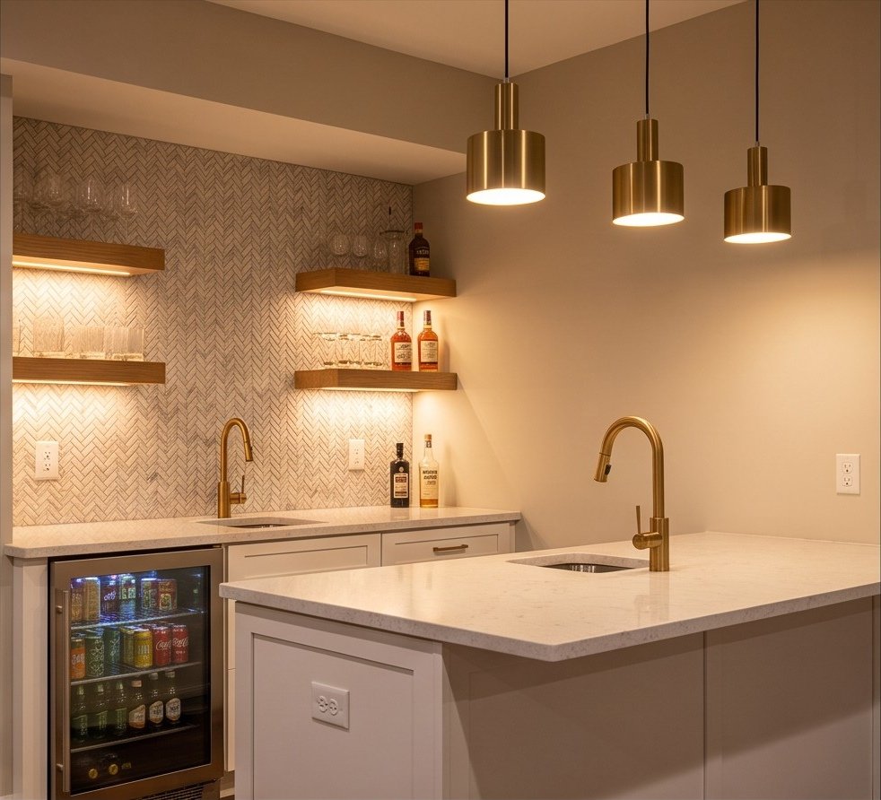 Wet bar with stone backsplash, illuminated shelving, beverage storage, and waterfall counter.