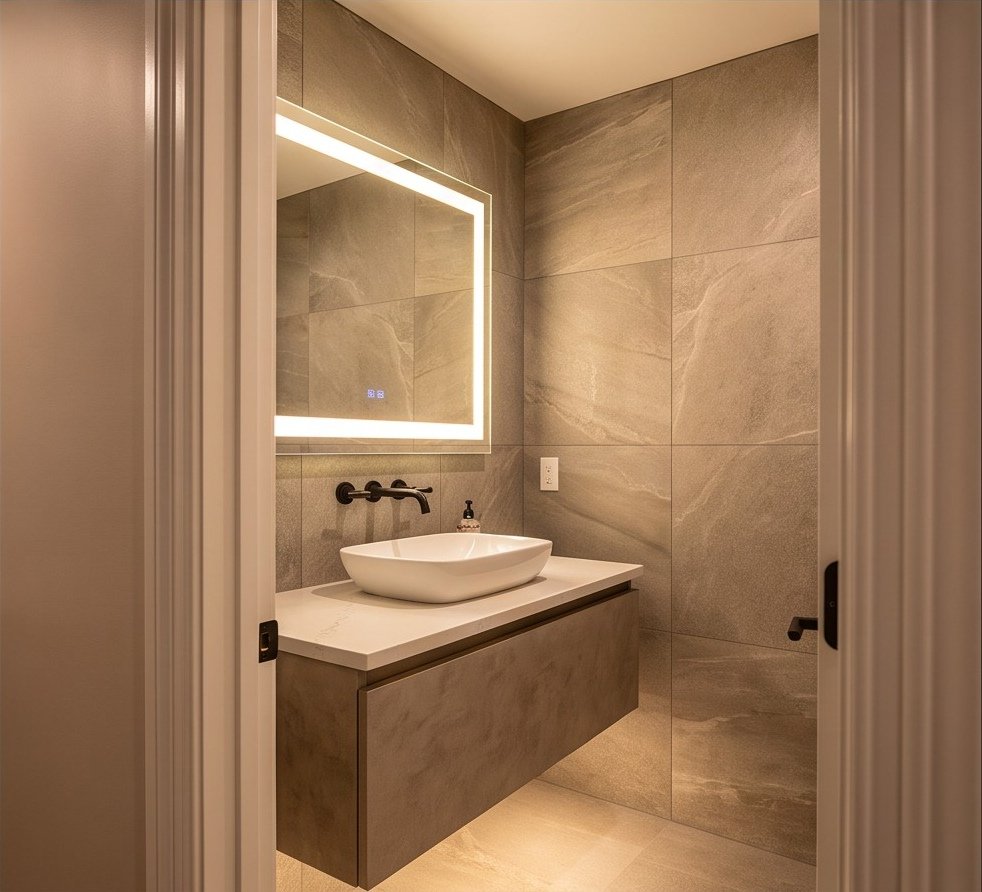 Finished lower-level bathroom with floating vanity and illuminated mirror.