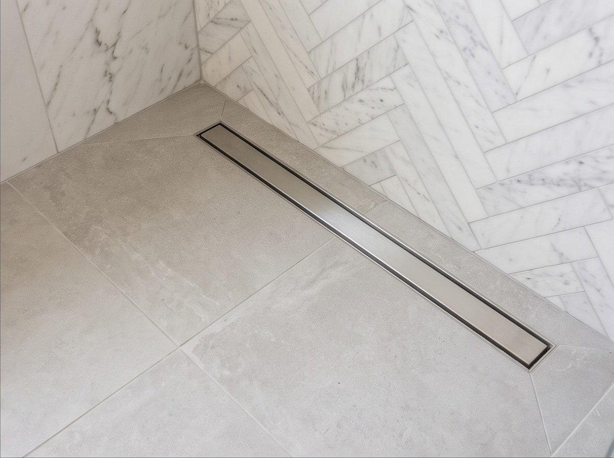Curbless shower floor with large-format tile and linear drain.