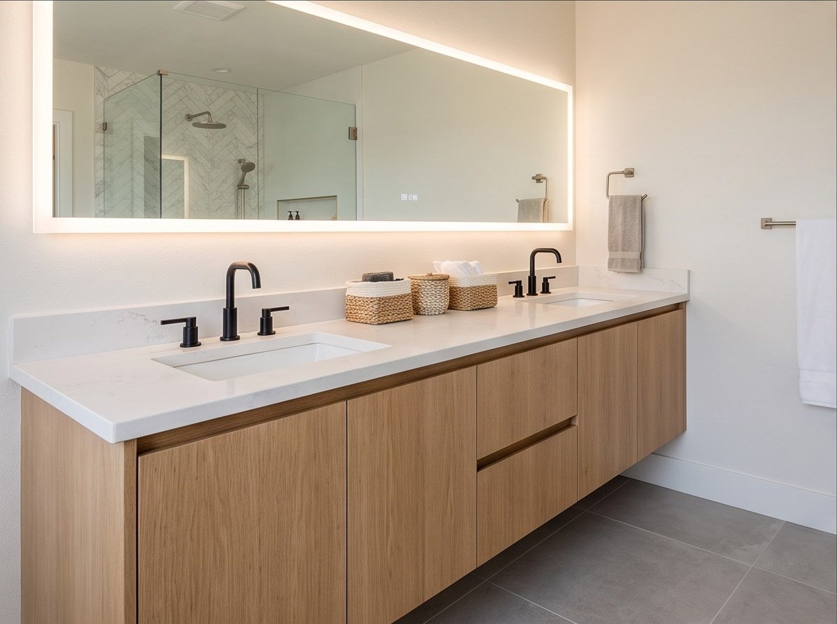 Floating white oak double vanity beneath an illuminated full-width mirror.