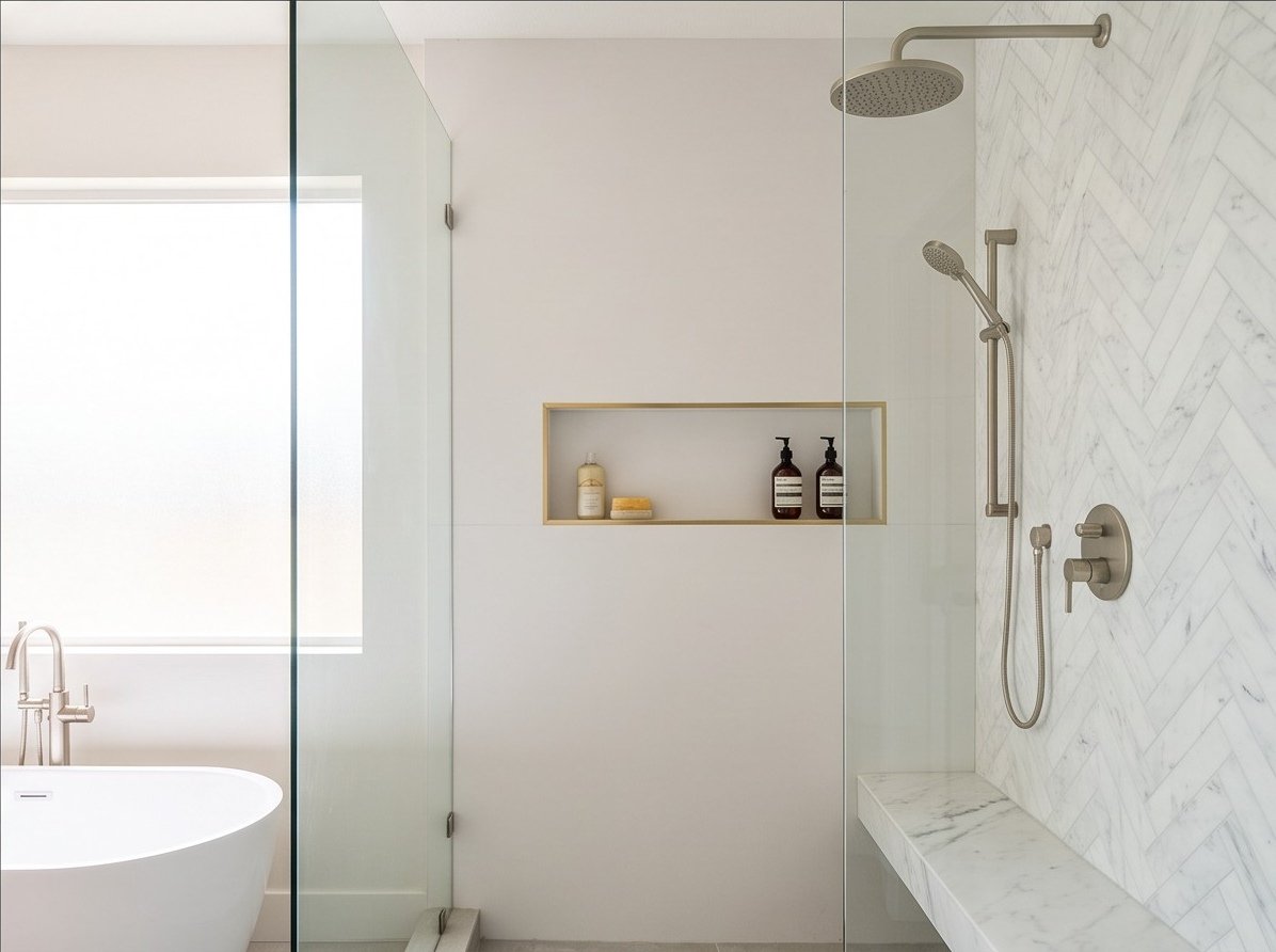 Glass shower with herringbone wall tile, niche, rain head, and hand shower.