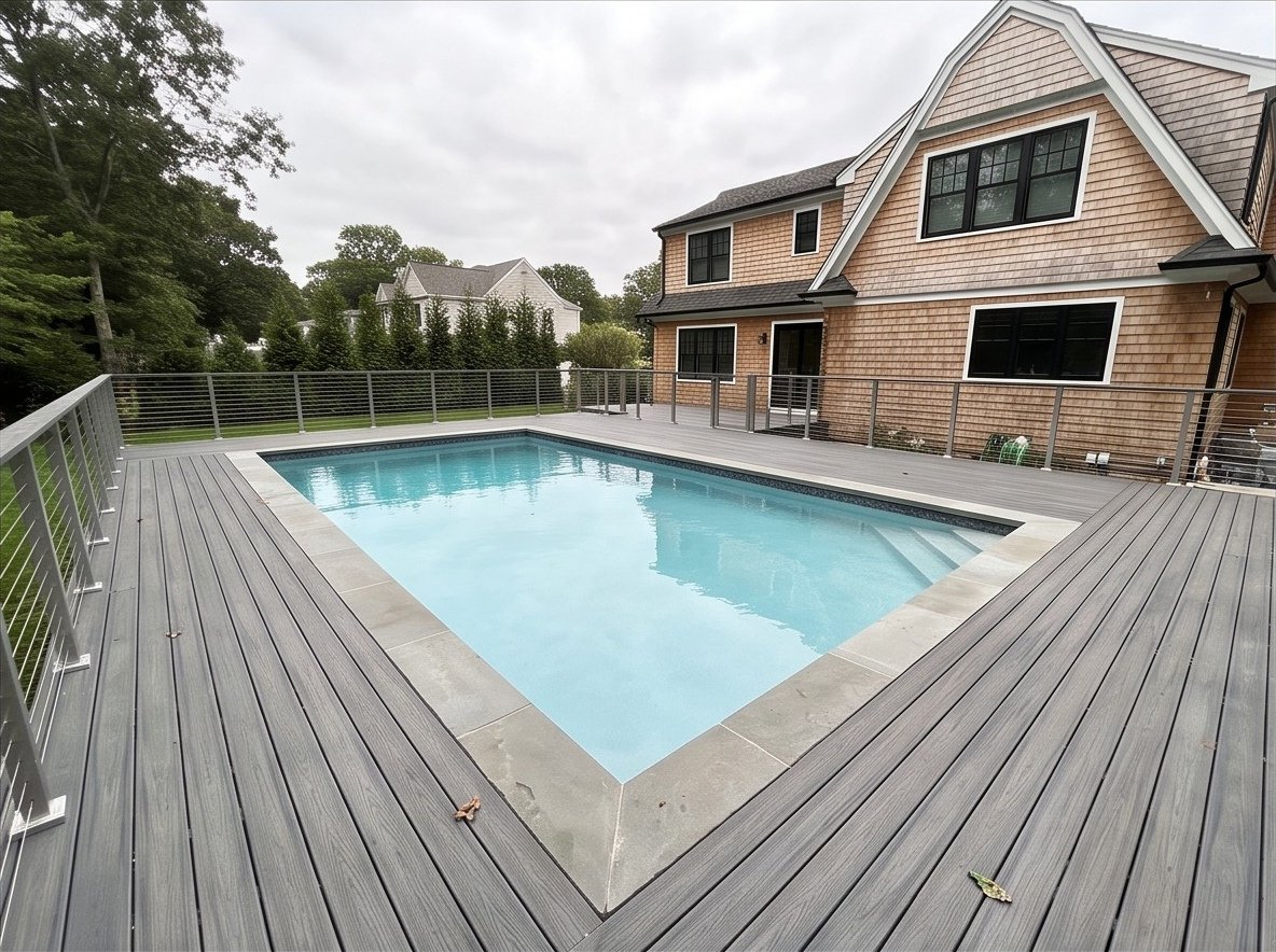 Pool-Surround Deck in Monmouth County, NJ Wide view of the composite pool-surround deck and bluestone coping.