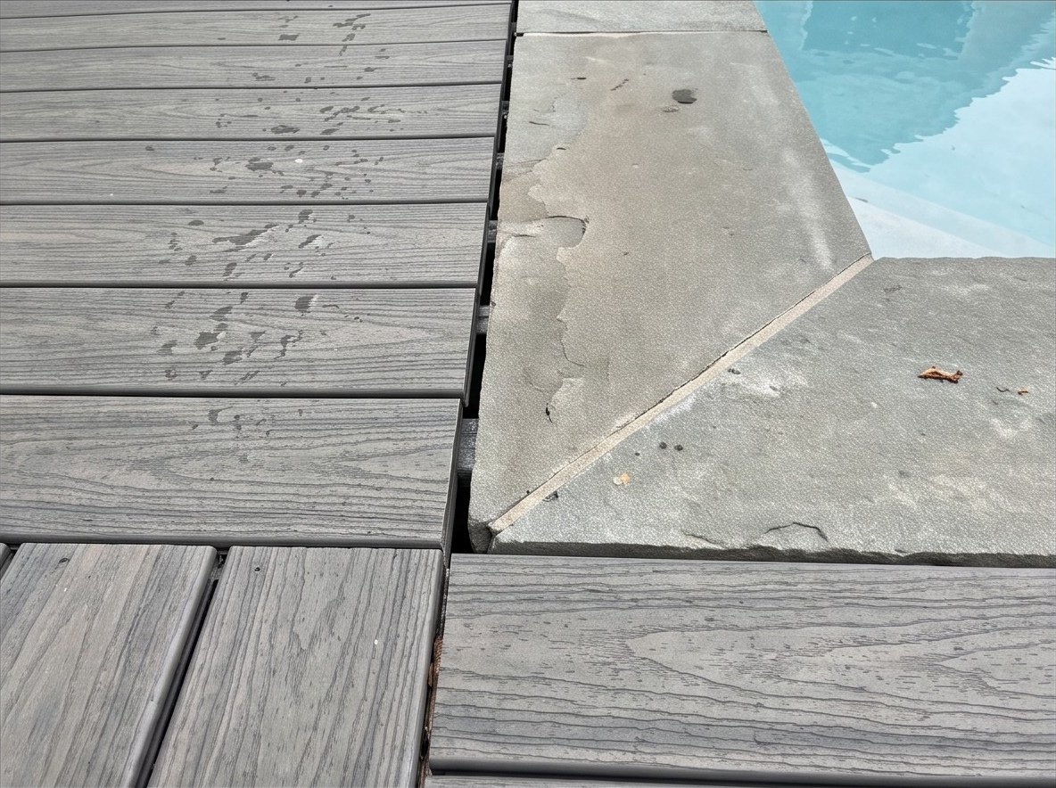 Pool-Surround Deck in Monmouth County, NJ Close-up where composite decking meets the natural bluestone pool coping.