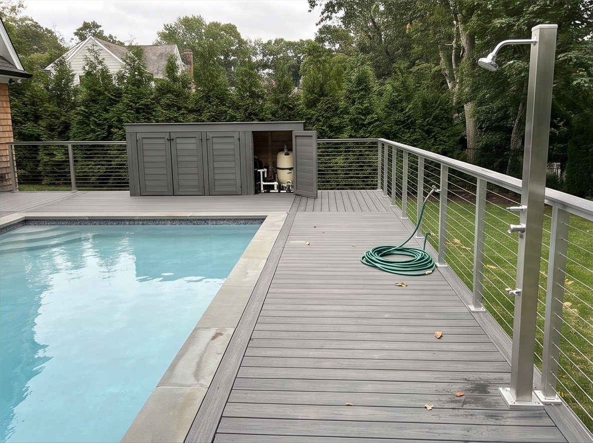 Pool-Surround Deck in Monmouth County, NJ Poolside deck with cable railing, equipment enclosure, and outdoor shower.