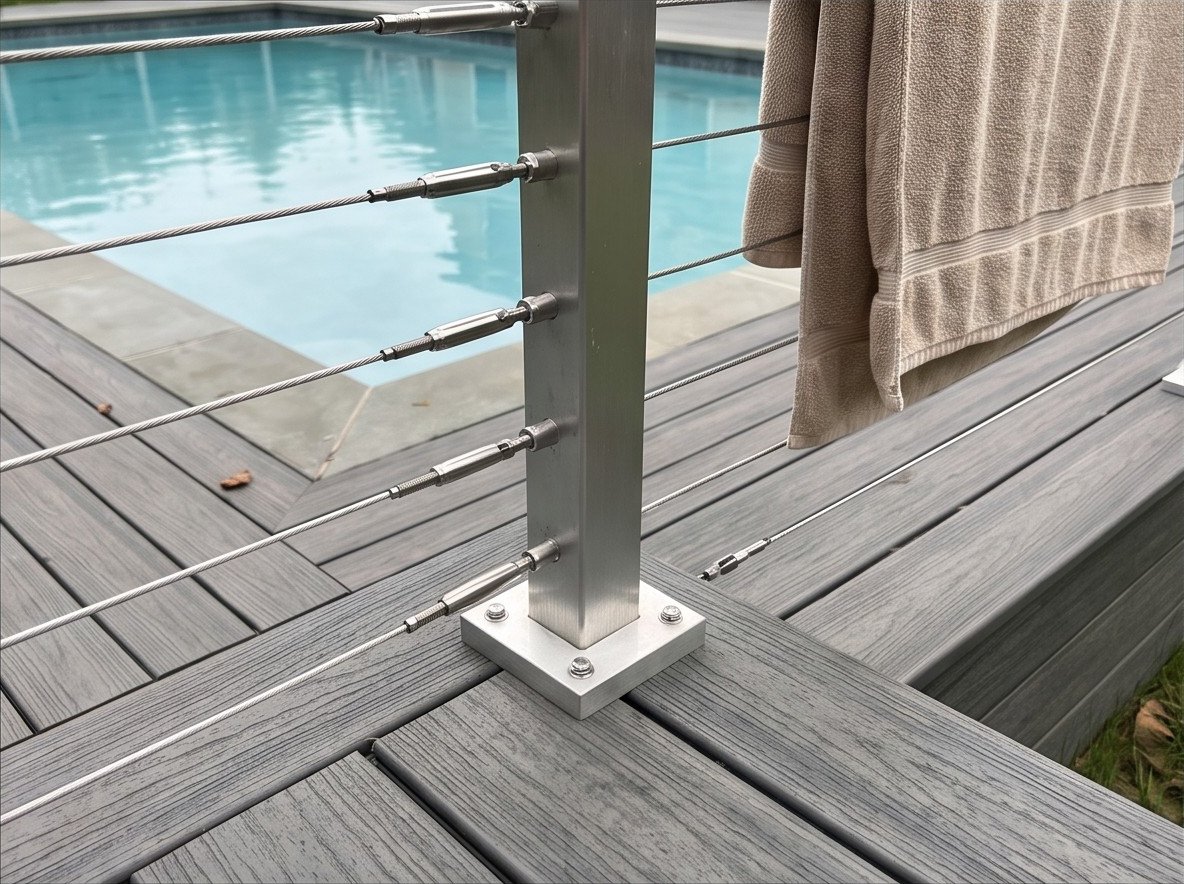 Pool-Surround Deck in Monmouth County, NJ Stainless cable railing detail beside the pool.