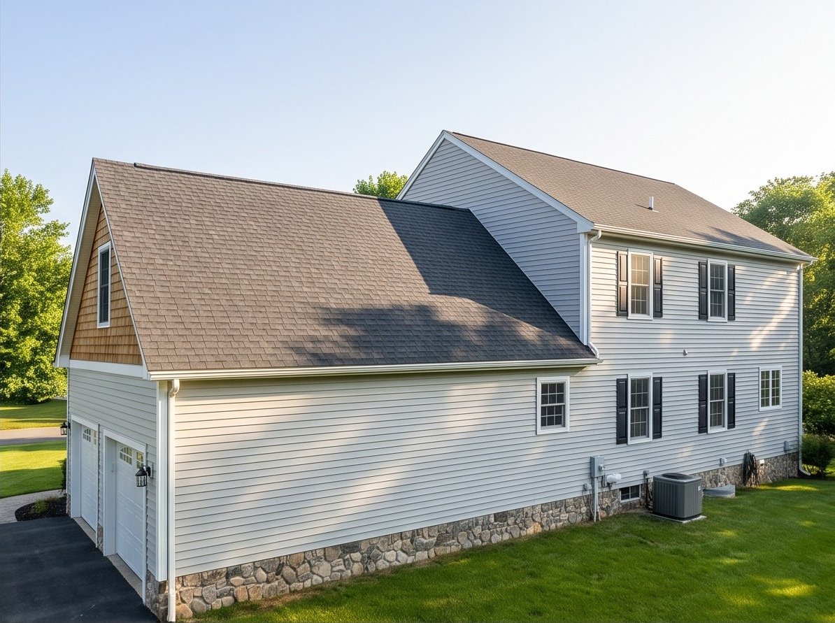 Rear exterior showing the expanded second story and roofline.