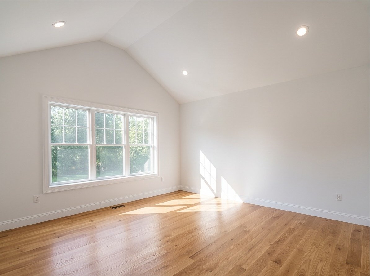 Bright finished interior room with new hardwood flooring and a wide multi-window opening.
