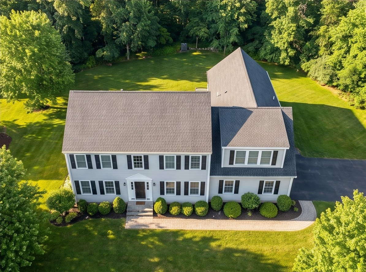 Aerial view showing the completed addition integrated with the original house and roof.