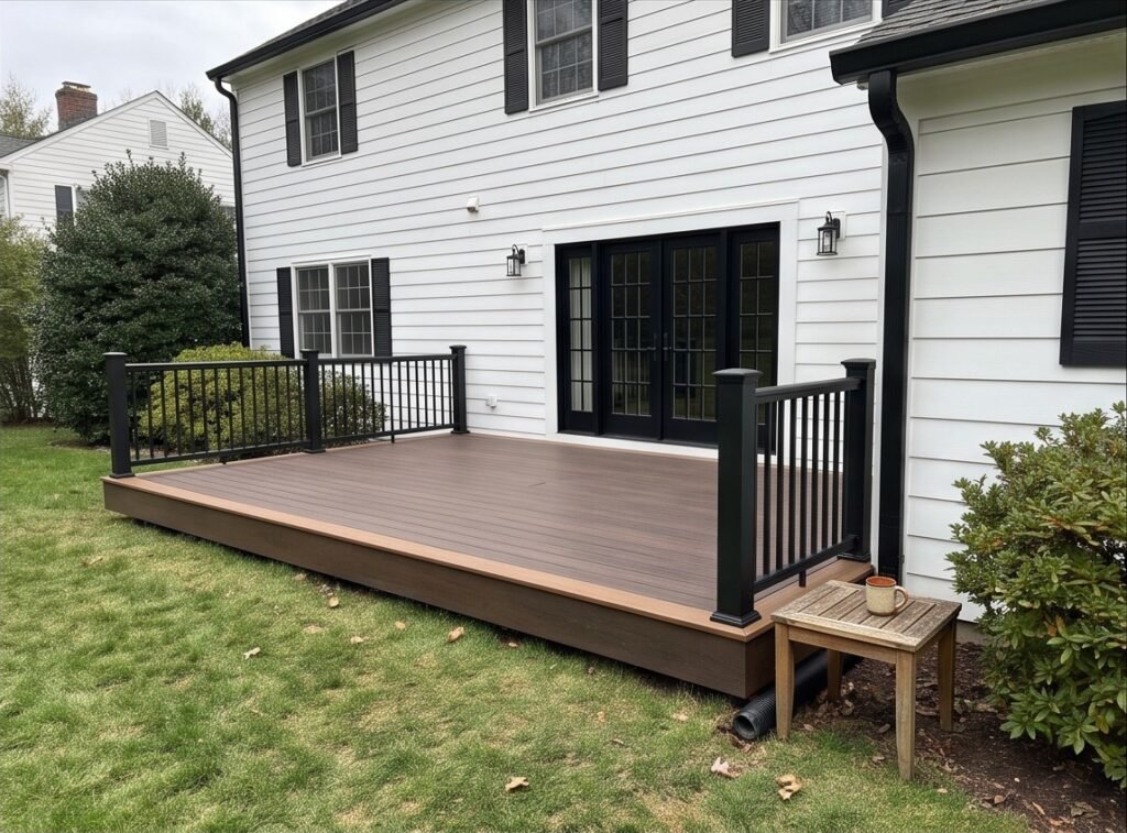 Completed ground-level composite deck with a two-tone picture-frame border.