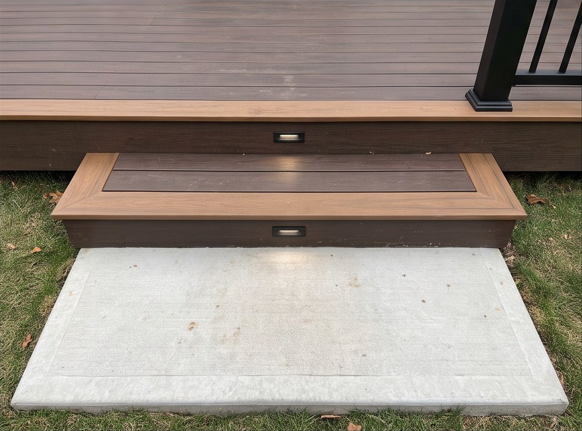 Integrated two-tone step with low-voltage riser lighting.
