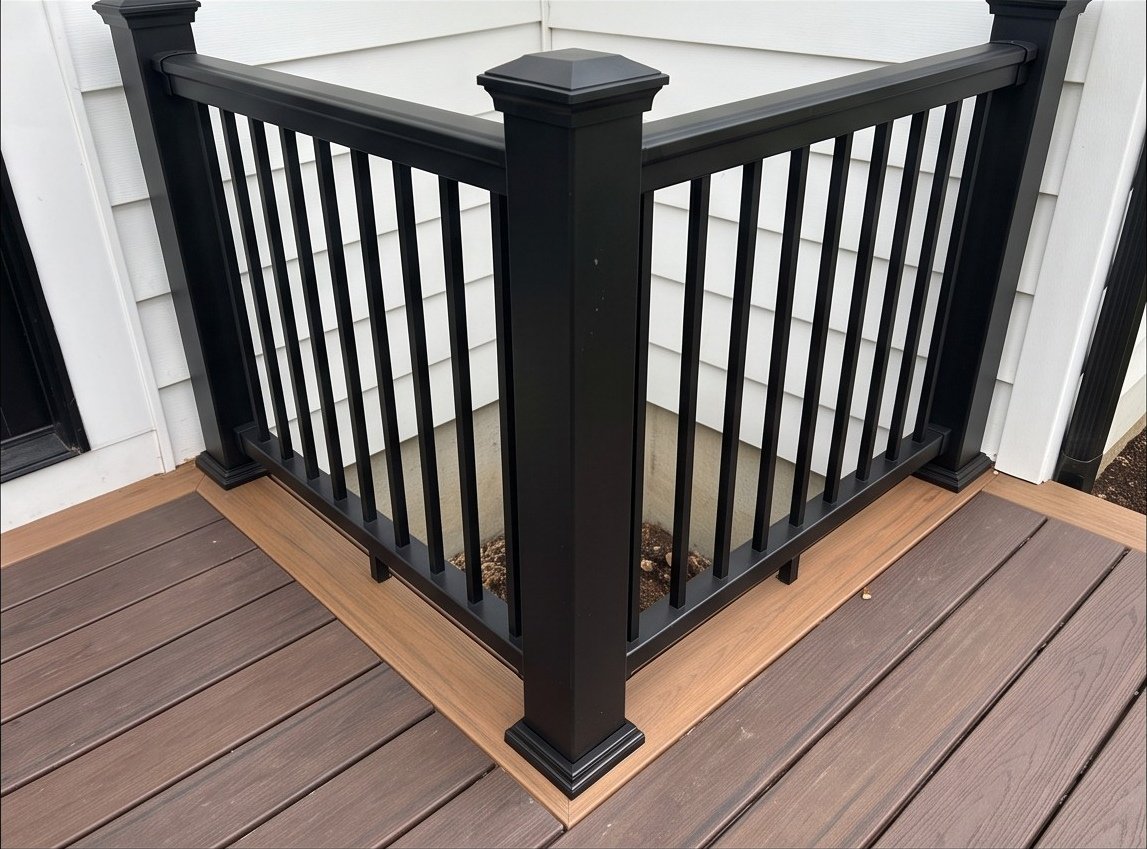 Black railing and coordinated two-tone decking at the house connection.