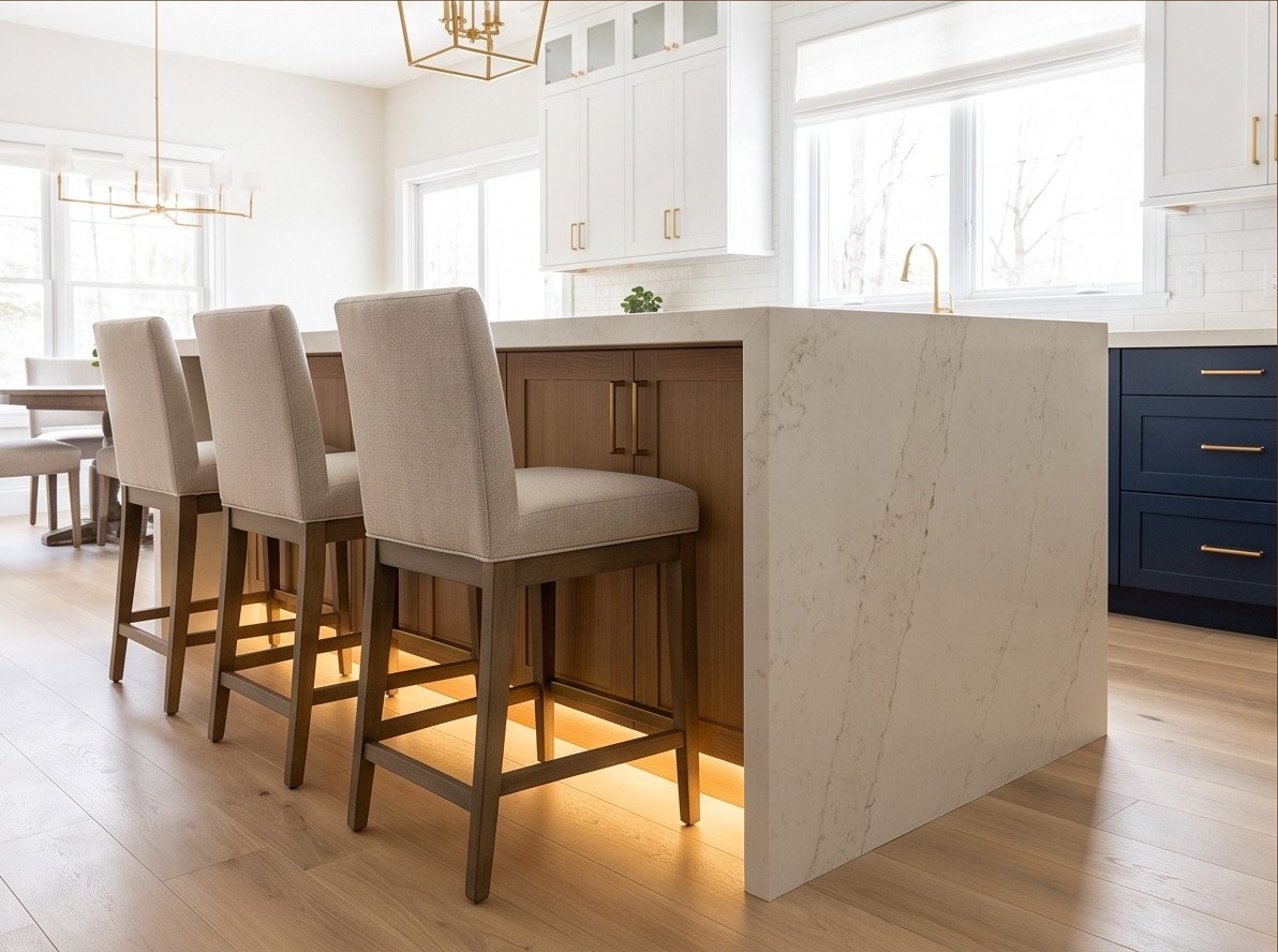 White oak waterfall island with seating and coordinated pendant lighting.