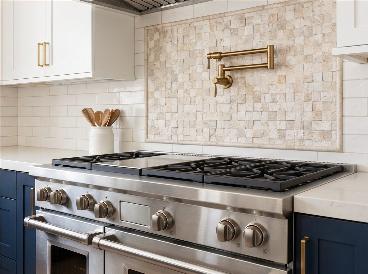 Professional range, pot filler, brass hardware, and textured tile backsplash.